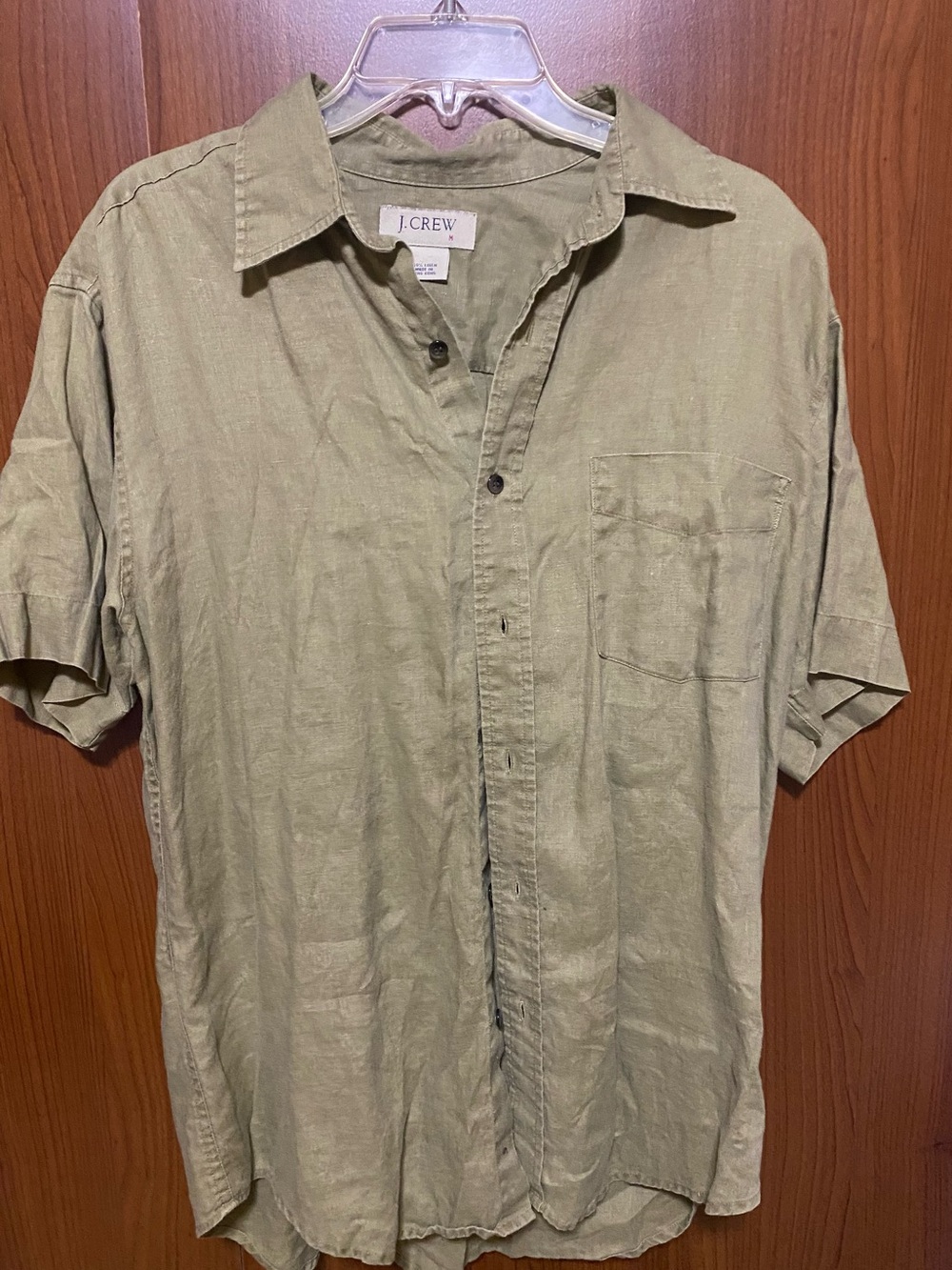 J.Crew Vintage Men's Short-Sleeve Linen Shirt in Olive Medium